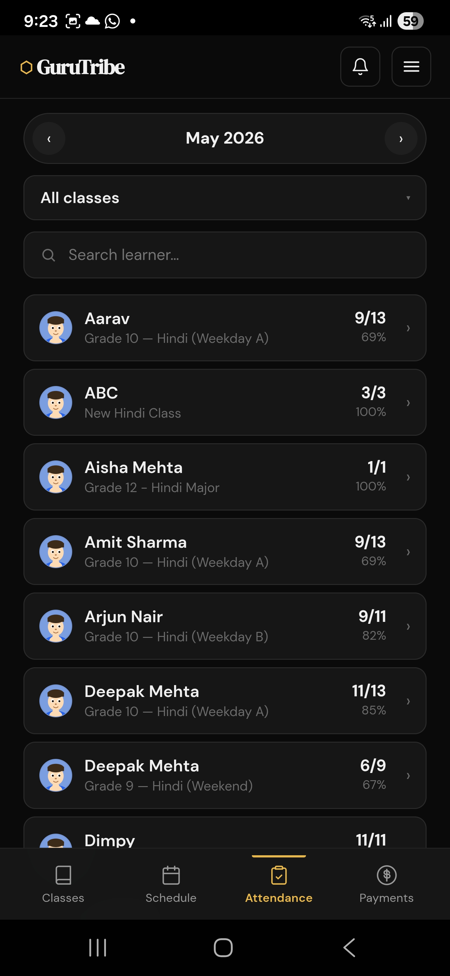 Attendance summary across batches