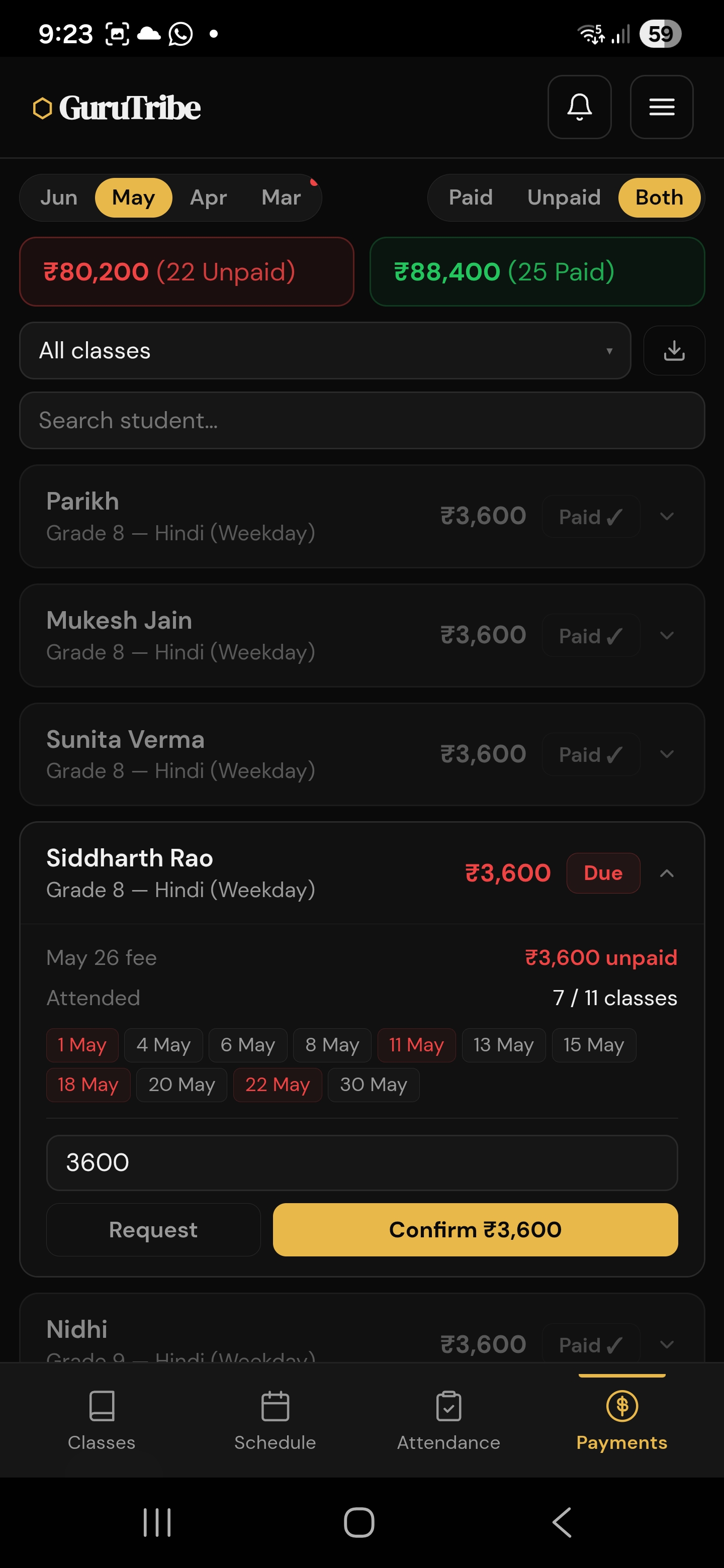Payments summary and per-student detail